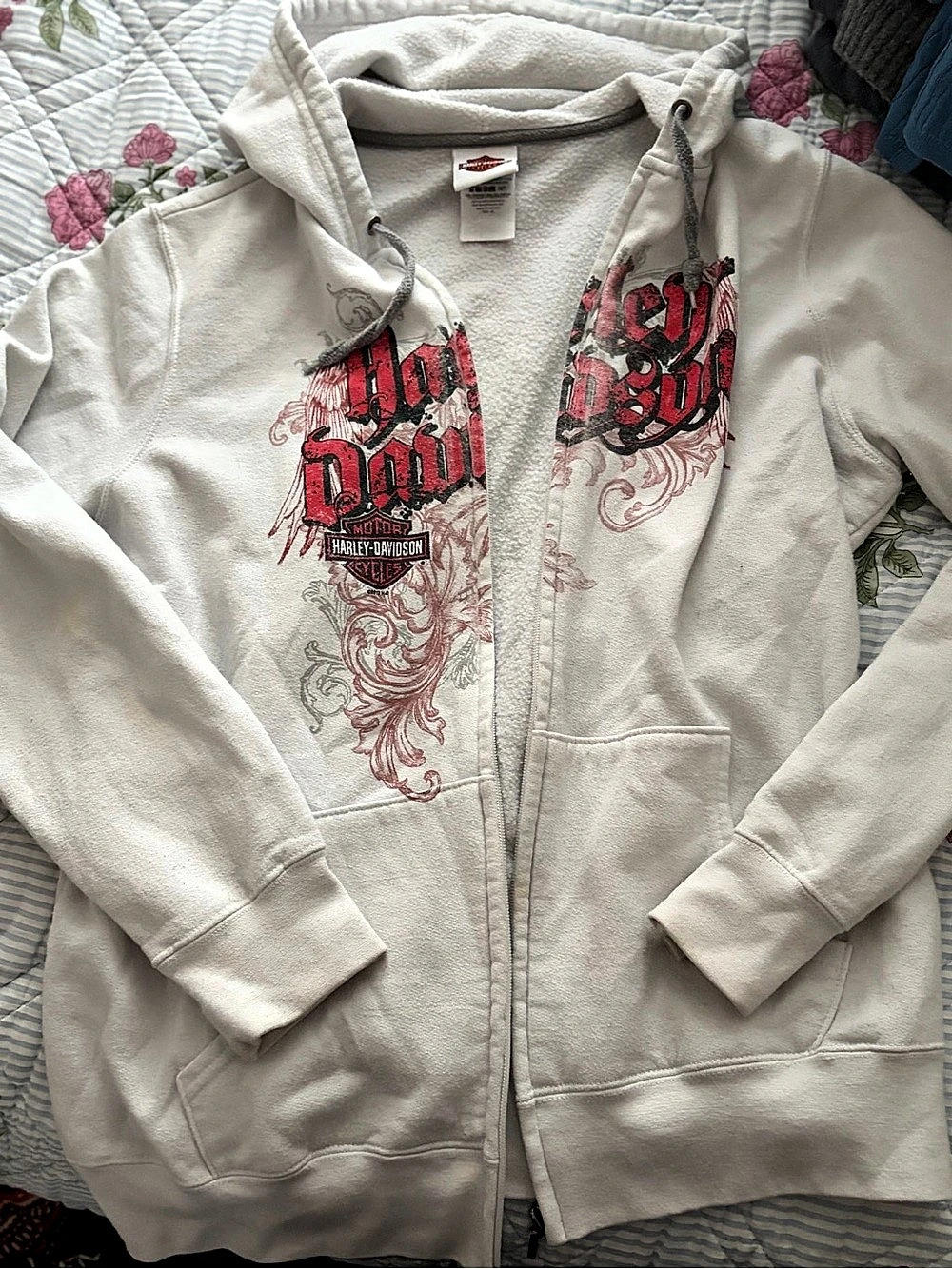Harley-Davidson Graphic Zip Hoodie in White & Red Size XL Like New
